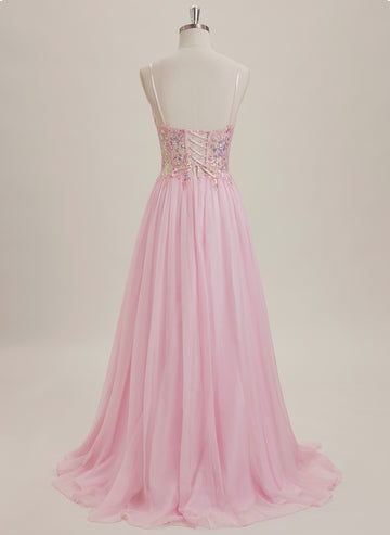 A-line V-Neck Sweep Train Chiffon Maxi Dresses With Sequins